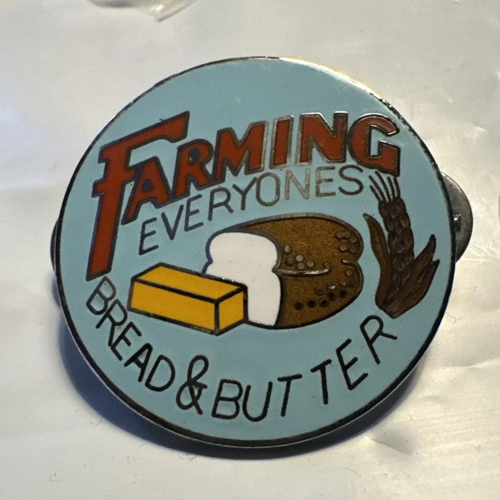 Vintage Farming Everyones Bread & Butter Hat Coat Vest Lapel Pin Farm Farmer